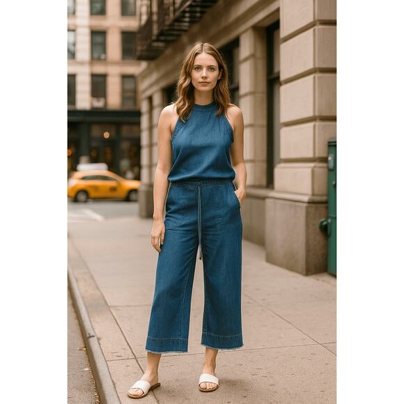 Anthropologie Cloth & Stone Chambray Denim Jumpsuit Womens XS Wide Leg Halter - Picture 1 of 16